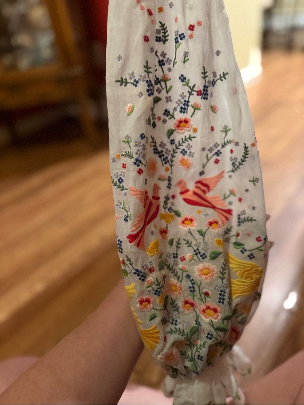 Zimmermann White Embroidered Peasant Blouse with Floral & Bird Motif W/tassels - Picture 5 of 10
